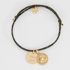 HappyBulle Bracelet enfant personnalisé cordon pailleté médaille gravée plaqué or 15 mm et breloque scintillant 14 mm Tournesol