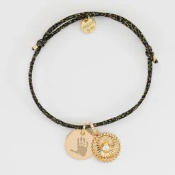HappyBulle Bracelet enfant personnalisé cordon pailleté médaille gravée plaqué or 15 mm et breloque scintillant 14 mm Tournesol