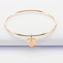 Clearance HappyBulle Bracelet enfant personnalisé jonc plaqué or médaille gravée initiale coeur 10 mm Plaqué or 18k