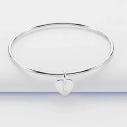 New HappyBulle Bracelet enfant personnalisé jonc argent médaille gravée initiale coeur 10 mm Argent rhodié 925
