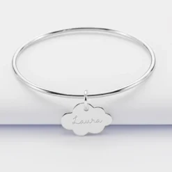 New HappyBulle Bracelet enfant personnalisé jonc argent médaille gravée nuage 20x14 mm Argent rhodié 925