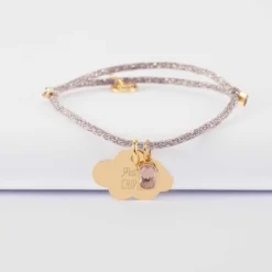 Discount HappyBulle Bracelet enfant personnalisé cordon pailleté médaille gravée plaqué or nuage 20x14 mm et breloque rectangle zircon plaqué or 9 mm