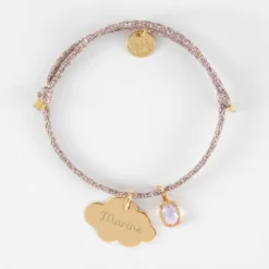 Discount HappyBulle Bracelet enfant personnalisé cordon pailleté médaille gravée plaqué or nuage 20x14 mm et breloque rectangle zircon plaqué or 9 mm