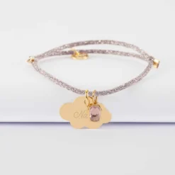 Discount HappyBulle Bracelet enfant personnalisé cordon pailleté médaille gravée plaqué or nuage 20x14 mm et breloque rectangle zircon plaqué or 9 mm