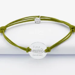 HappyBulle Bracelet EVG personnalisé cordon doublé médaille gravée argent 2 trous 20 mm Argent rhodié 925