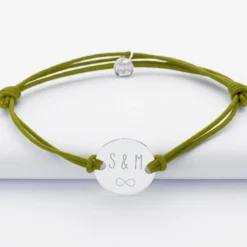 HappyBulle Bracelet EVG personnalisé cordon doublé médaille gravée argent 2 trous 20 mm Argent rhodié 925