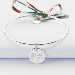Sale HappyBulle Bracelet EVJF personnalisé jonc argent et cordon Liberty médaille gravée 15 mm Argent rhodié 925