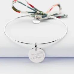 Sale HappyBulle Bracelet EVJF personnalisé jonc argent et cordon Liberty médaille gravée 15 mm Argent rhodié 925