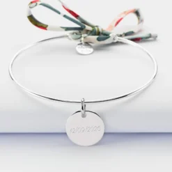 Sale HappyBulle Bracelet EVJF personnalisé jonc argent et cordon Liberty médaille gravée 15 mm Argent rhodié 925