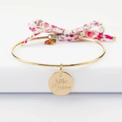 Sale HappyBulle Bracelet EVJF personnalisé jonc plaqué or et cordon Liberty médaille gravée 15 mm Plaqué or 18k