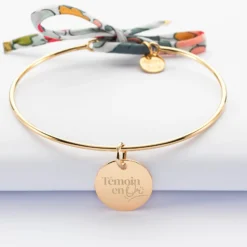 Sale HappyBulle Bracelet EVJF personnalisé jonc plaqué or et cordon Liberty médaille gravée 15 mm Plaqué or 18k