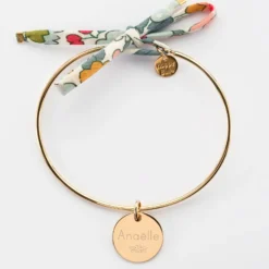Sale HappyBulle Bracelet EVJF personnalisé jonc plaqué or et cordon Liberty médaille gravée 15 mm Plaqué or 18k