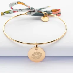 Sale HappyBulle Bracelet EVJF personnalisé jonc plaqué or et cordon Liberty médaille gravée 15 mm Plaqué or 18k