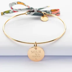 Outlet HappyBulle Bracelet Famille des mariés personnalisé jonc plaqué or et cordon Liberty médaille gravée 15 mm Plaqué or 18k