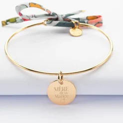 Outlet HappyBulle Bracelet Famille des mariés personnalisé jonc plaqué or et cordon Liberty médaille gravée 15 mm Plaqué or 18k
