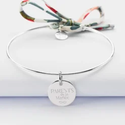 Online HappyBulle Bracelet Famille des mariés personnalisé jonc argent et cordon Liberty médaille gravée 15 mm Argent rhodié 925