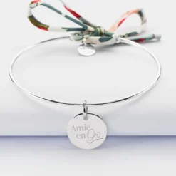 Online HappyBulle Bracelet Famille des mariés personnalisé jonc argent et cordon Liberty médaille gravée 15 mm Argent rhodié 925
