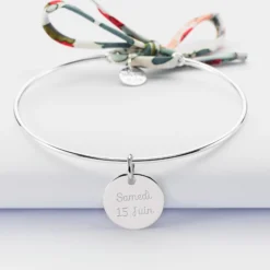 Online HappyBulle Bracelet Famille des mariés personnalisé jonc argent et cordon Liberty médaille gravée 15 mm Argent rhodié 925