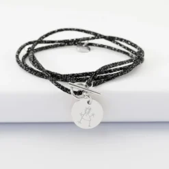 Discount HappyBulle Bracelet fermoir personnalisé cordon 3 tours pailleté médaille gravée argent 15 mm Argent rhodié 925