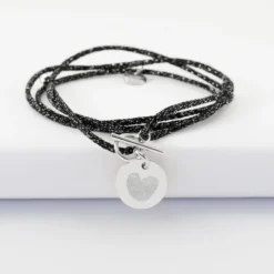 Discount HappyBulle Bracelet fermoir personnalisé cordon 3 tours pailleté médaille gravée argent 15 mm Argent rhodié 925
