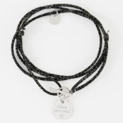 Discount HappyBulle Bracelet fermoir personnalisé cordon 3 tours pailleté médaille gravée argent 15 mm Argent rhodié 925