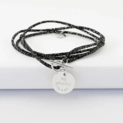 Discount HappyBulle Bracelet fermoir personnalisé cordon 3 tours pailleté médaille gravée argent 15 mm Argent rhodié 925