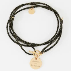 Online HappyBulle Bracelet fermoir personnalisé cordon 3 tours pailleté médaille gravée plaqué or 15 mm Plaqué or 18k