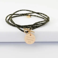 Online HappyBulle Bracelet fermoir personnalisé cordon 3 tours pailleté médaille gravée plaqué or 15 mm Plaqué or 18k