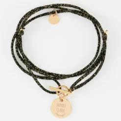 Online HappyBulle Bracelet fermoir personnalisé cordon 3 tours pailleté médaille gravée plaqué or 15 mm Plaqué or 18k