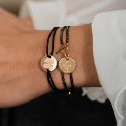 Sale HappyBulle Bracelet fermoir personnalisé cordon pailleté médaille gravée plaqué or 15 mm Plaqué or 18k