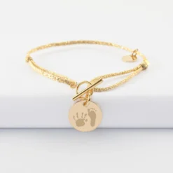 Sale HappyBulle Bracelet fermoir personnalisé cordon pailleté médaille gravée plaqué or 15 mm Plaqué or 18k