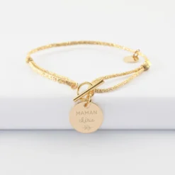 Sale HappyBulle Bracelet fermoir personnalisé cordon pailleté médaille gravée plaqué or 15 mm Plaqué or 18k