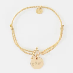 Sale HappyBulle Bracelet fermoir personnalisé cordon pailleté médaille gravée plaqué or 15 mm Plaqué or 18k