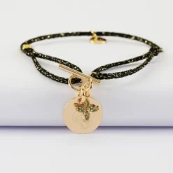 Clearance HappyBulle Bracelet fermoir personnalisé cordon pailleté médaille gravée plaqué or 15 mm et breloque fleur pétales zircons 10 mm