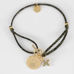 Clearance HappyBulle Bracelet fermoir personnalisé cordon pailleté médaille gravée plaqué or 15 mm et breloque fleur pétales zircons 10 mm