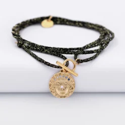 Hot HappyBulle Bracelet fermoir personnalisé cordon 3 tours pailleté médaille Lune zircons crépuscule gravée plaqué or 16 mm