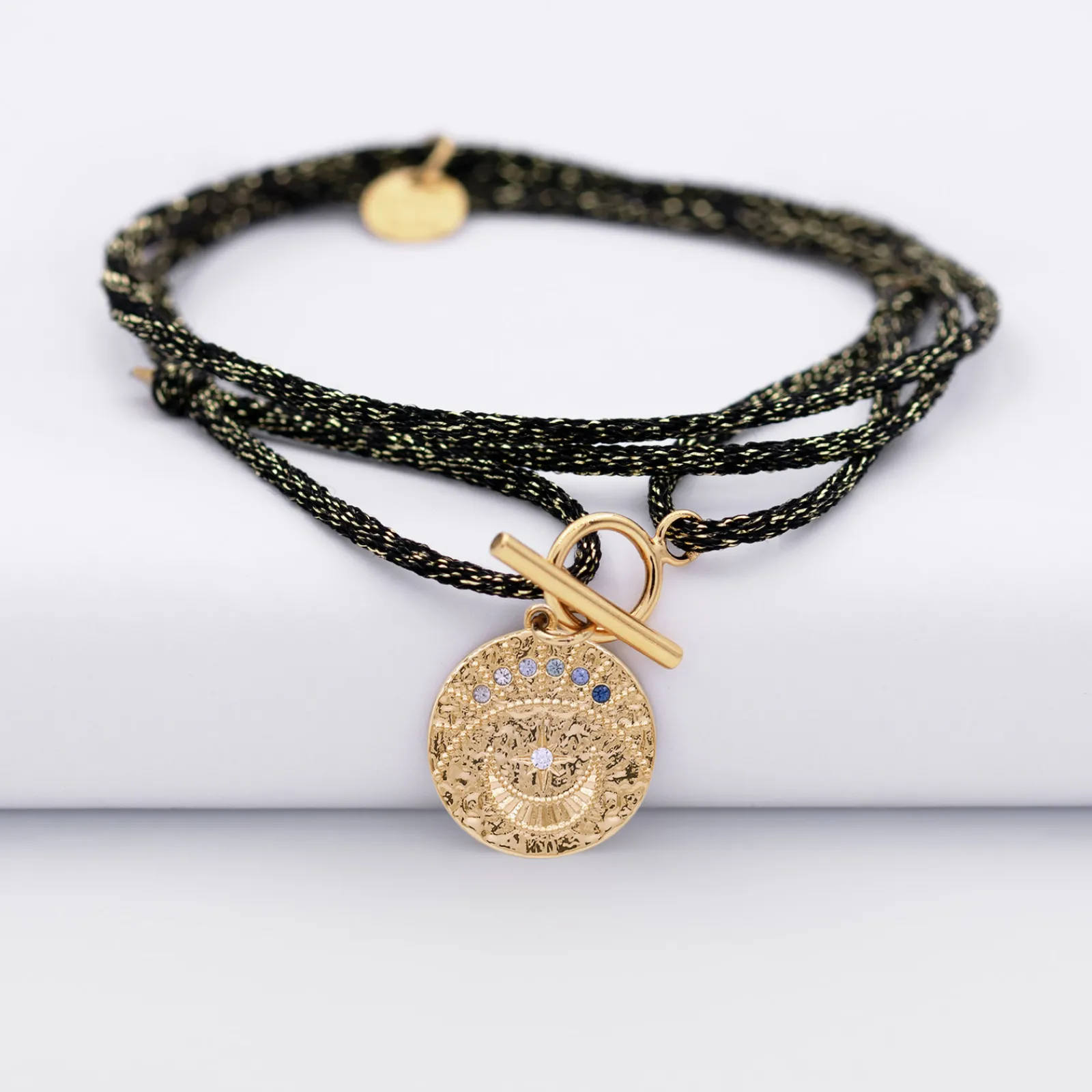 Hot HappyBulle Bracelet fermoir personnalisé cordon 3 tours pailleté médaille Lune zircons crépuscule gravée plaqué or 16 mm