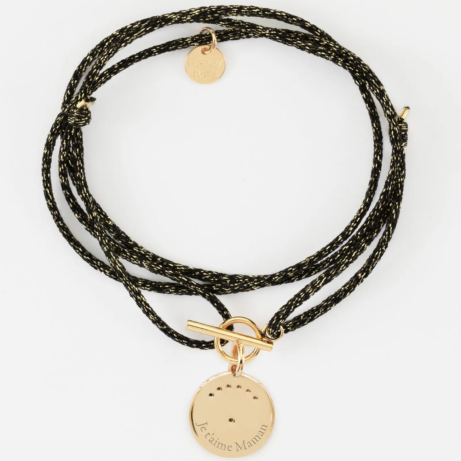 Hot HappyBulle Bracelet fermoir personnalisé cordon 3 tours pailleté médaille Lune zircons crépuscule gravée plaqué or 16 mm
