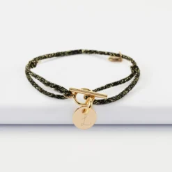 Discount HappyBulle Bracelet fermoir personnalisé cordon pailleté médaille gravée plaqué or initiale 10 mm Plaqué or 18k