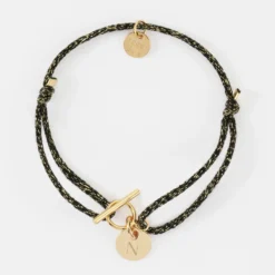 Discount HappyBulle Bracelet fermoir personnalisé cordon pailleté médaille gravée plaqué or initiale 10 mm Plaqué or 18k