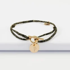 Discount HappyBulle Bracelet fermoir personnalisé cordon pailleté médaille gravée plaqué or initiale 10 mm Plaqué or 18k