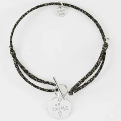 Hot HappyBulle Bracelet fermoir personnalisé cordon pailleté médaille gravée argent 15 mm Argent rhodié 925