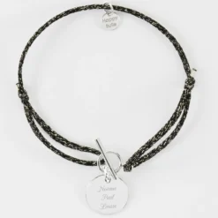 Hot HappyBulle Bracelet fermoir personnalisé cordon pailleté médaille gravée argent 15 mm Argent rhodié 925