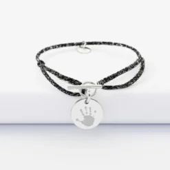 Hot HappyBulle Bracelet fermoir personnalisé cordon pailleté médaille gravée argent 15 mm Argent rhodié 925