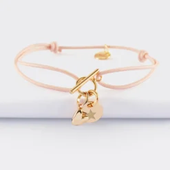 Online HappyBulle Bracelet fermoir personnalisé cordon médaille gravée plaqué or initiale 10 mm et breloque petit coeur bombé 7 mm - x Atelier Wagram Plaqué or 18k