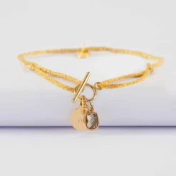 Sale HappyBulle Bracelet fermoir personnalisé cordon pailleté médaille gravée plaqué or initiale 10 mm et breloque rectangle zircon plaqué or 9 mm