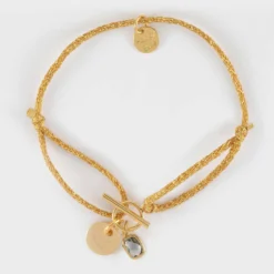 Sale HappyBulle Bracelet fermoir personnalisé cordon pailleté médaille gravée plaqué or initiale 10 mm et breloque rectangle zircon plaqué or 9 mm
