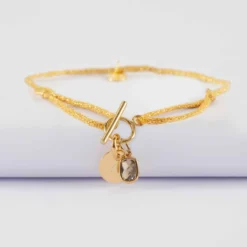 Sale HappyBulle Bracelet fermoir personnalisé cordon pailleté médaille gravée plaqué or initiale 10 mm et breloque rectangle zircon plaqué or 9 mm