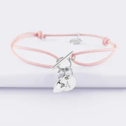 Hot HappyBulle Bracelet fermoir personnalisé cordon médaille gravée argent initiale 10 mm et breloque petit coeur bombé 7 mm - x Atelier Wagram Argent rhodié 925