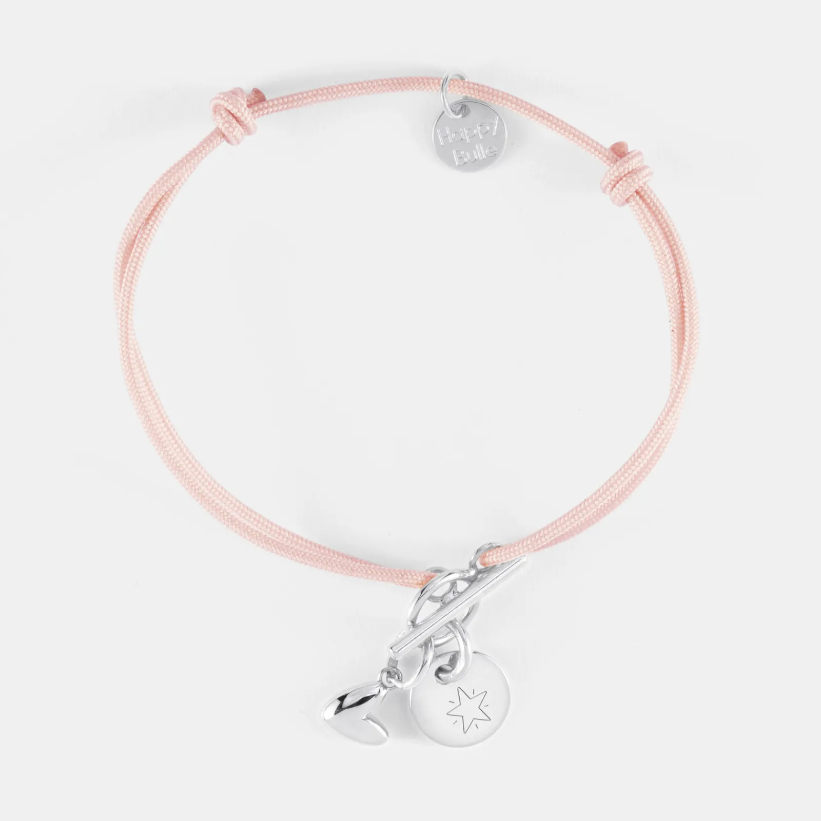 Hot HappyBulle Bracelet fermoir personnalisé cordon médaille gravée argent initiale 10 mm et breloque petit coeur bombé 7 mm - x Atelier Wagram Argent rhodié 925